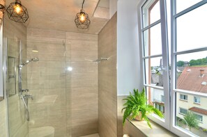 Shower, hair dryer, towels, soap