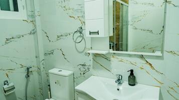 Une salle de bain équipée de toilettes, d’un lavabo, d’un miroir et d’une douche.