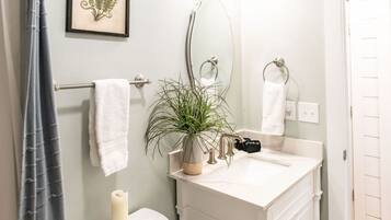 Secadora de cabello, toallas, jabón, papel de baño