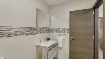 Shower, hair dryer, towels