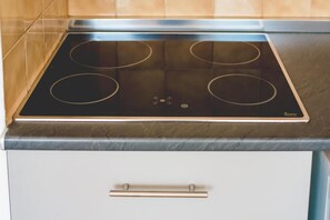 A kitchen with a black induction cooktop, a stainless steel range hood, and a white cabinet below.