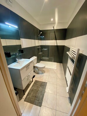 Shower, hair dryer, towels, toilet paper