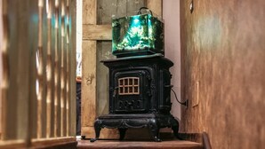 Un escalier en bois mène à une pièce où se trouvent un poêle noir et un aquarium éclairé de lumière verte.