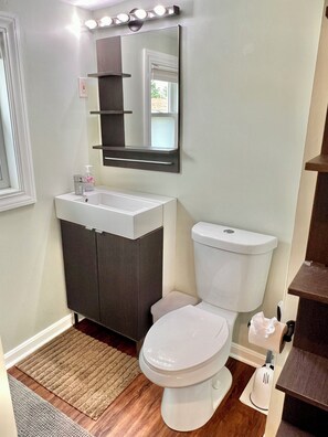 Shower, towels, soap, toilet paper