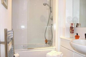 Hair dryer, towels, soap, toilet paper
