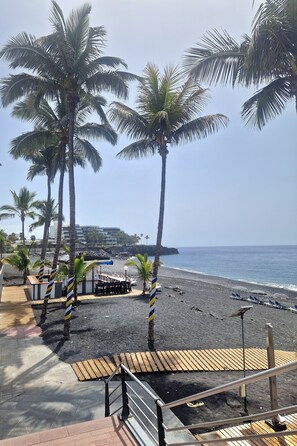 A beach with palm trees, a wooden deck, and a view of the ocean.