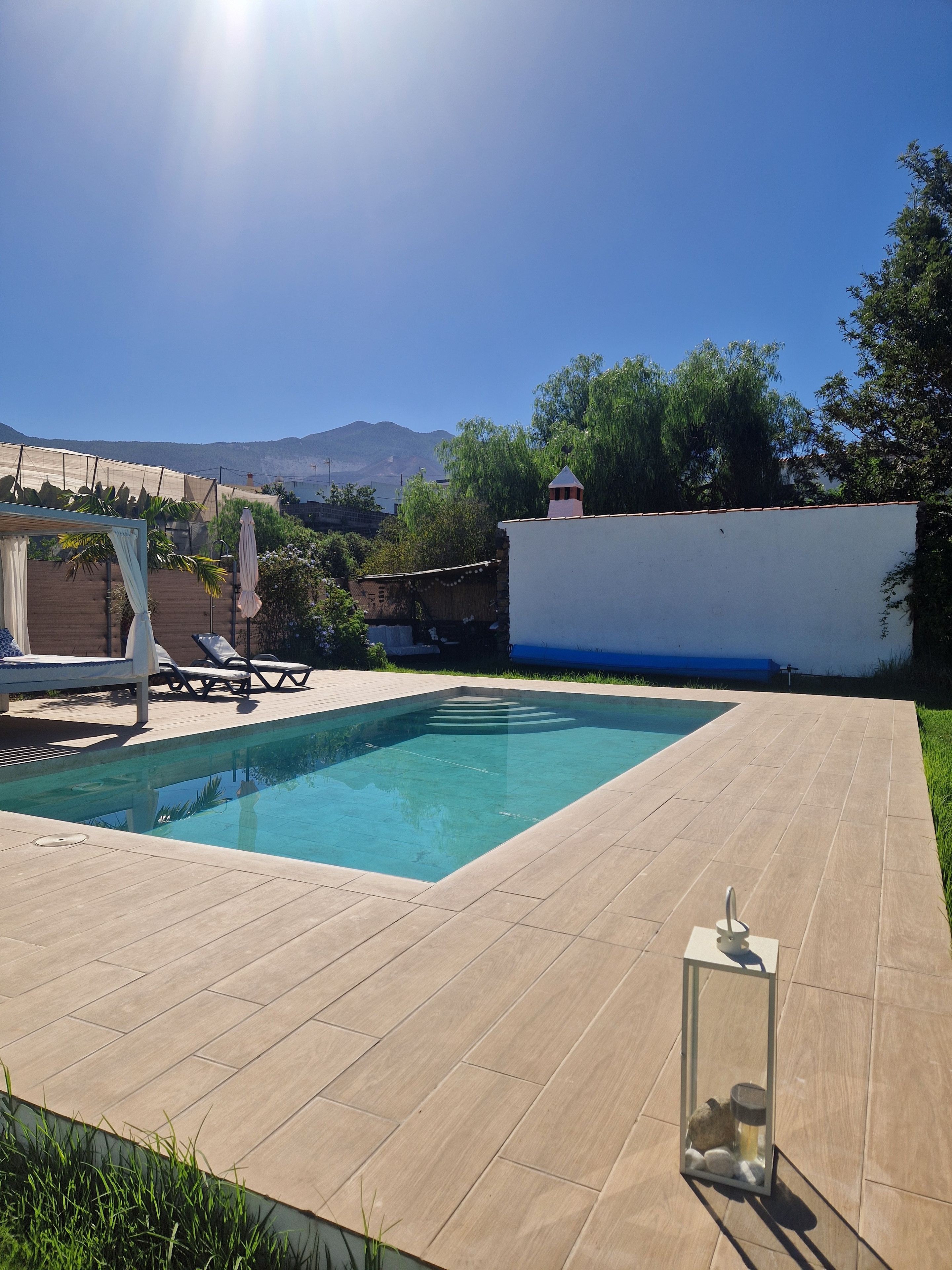 Piscina rectangular con borde de azulejos, rodeada por un muro blanco y vegetación.