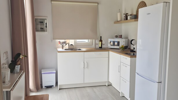 A compact kitchen with white cabinets, a wooden ceiling, a white refrigerator, and a microwave on the countertop. - Apartment 'Casa Deco' with Mountain Views, Wi-Fi and Air Conditioning (Los Llanos)