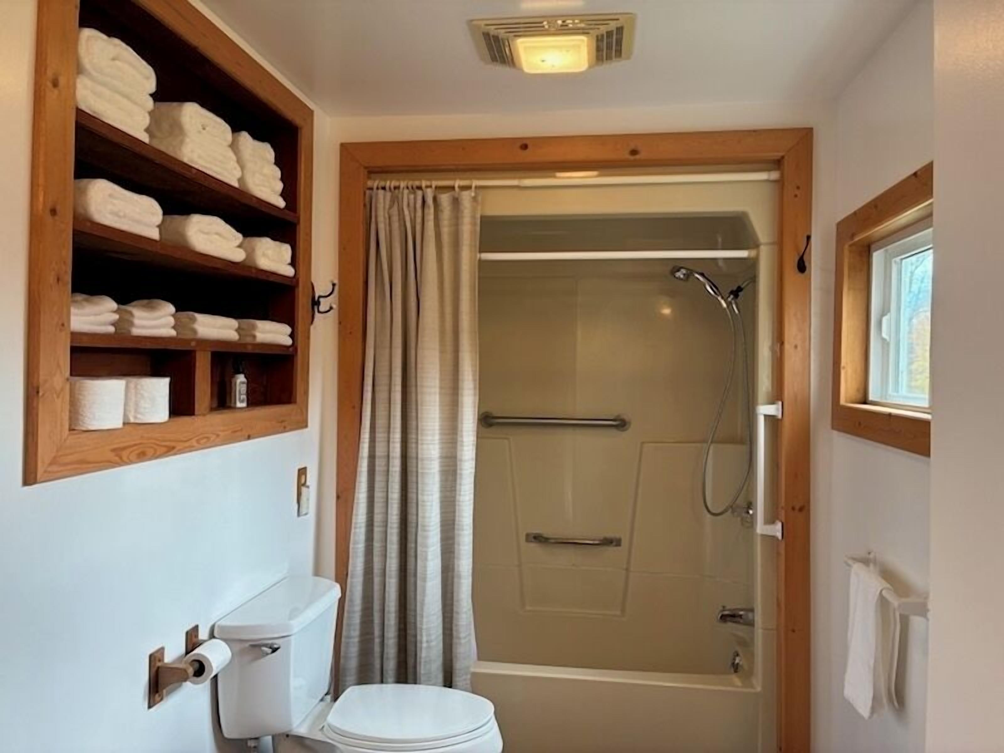 Shower, towels, toilet paper