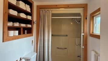 Shower, towels, toilet paper