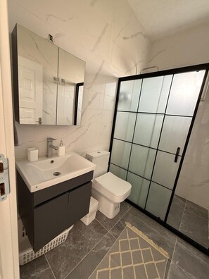 Shower, hair dryer, towels, soap