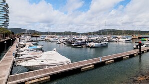Marina con varias embarcaciones amarradas, un muelle de madera y un edificio moderno al fondo.