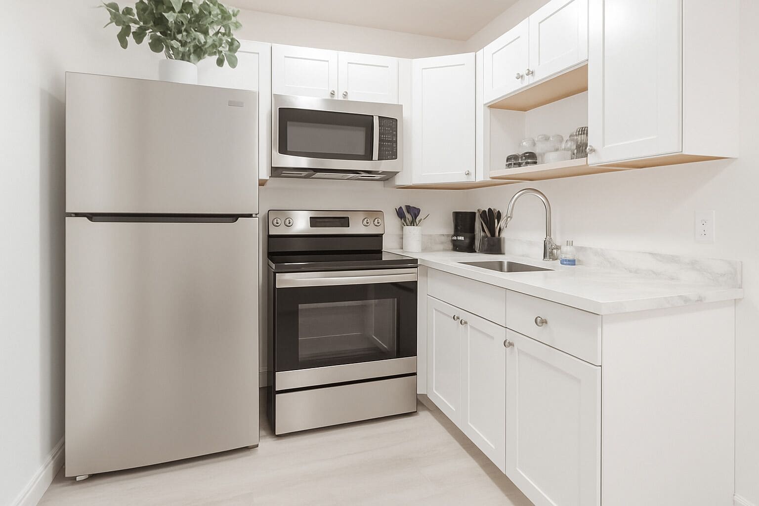 Een koelkast, een magnetron, een oven, een kookplaat