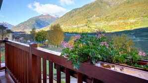 Een balkon met houten hekwerk met uitzicht op een bergachtig landschap met een rivier en velden.