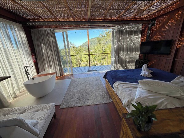A bedroom with a large bed, a bathtub, a sofa, and a view of the outdoors.