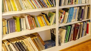 Een bibliotheek met meerdere witte boekenplanken vol boeken.