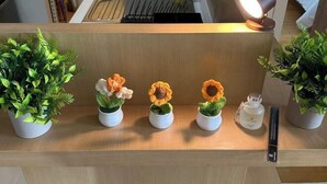 A wooden reception desk with three potted plants, a sink, and a lamp. - Villa Ratchatewi 5 STARS suite l 4 mins walk BTS&APL (Bangkok)