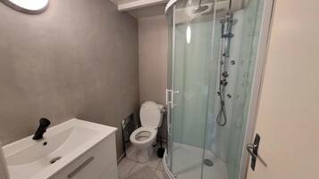 A modern bathroom with a glass-enclosed shower, a white sink, and a toilet.
