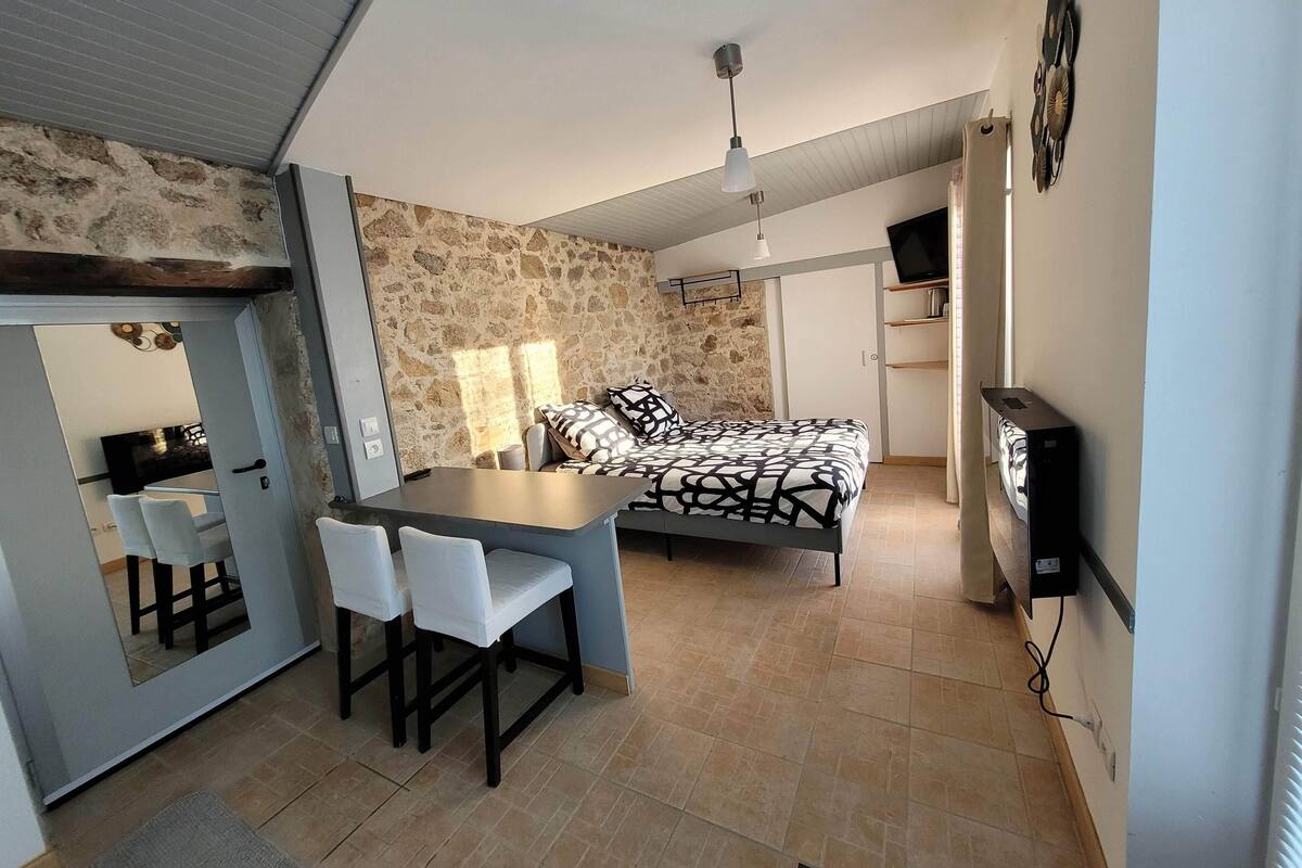 A compact bedroom with a bed, a desk with chairs, a television, and a stone wall.