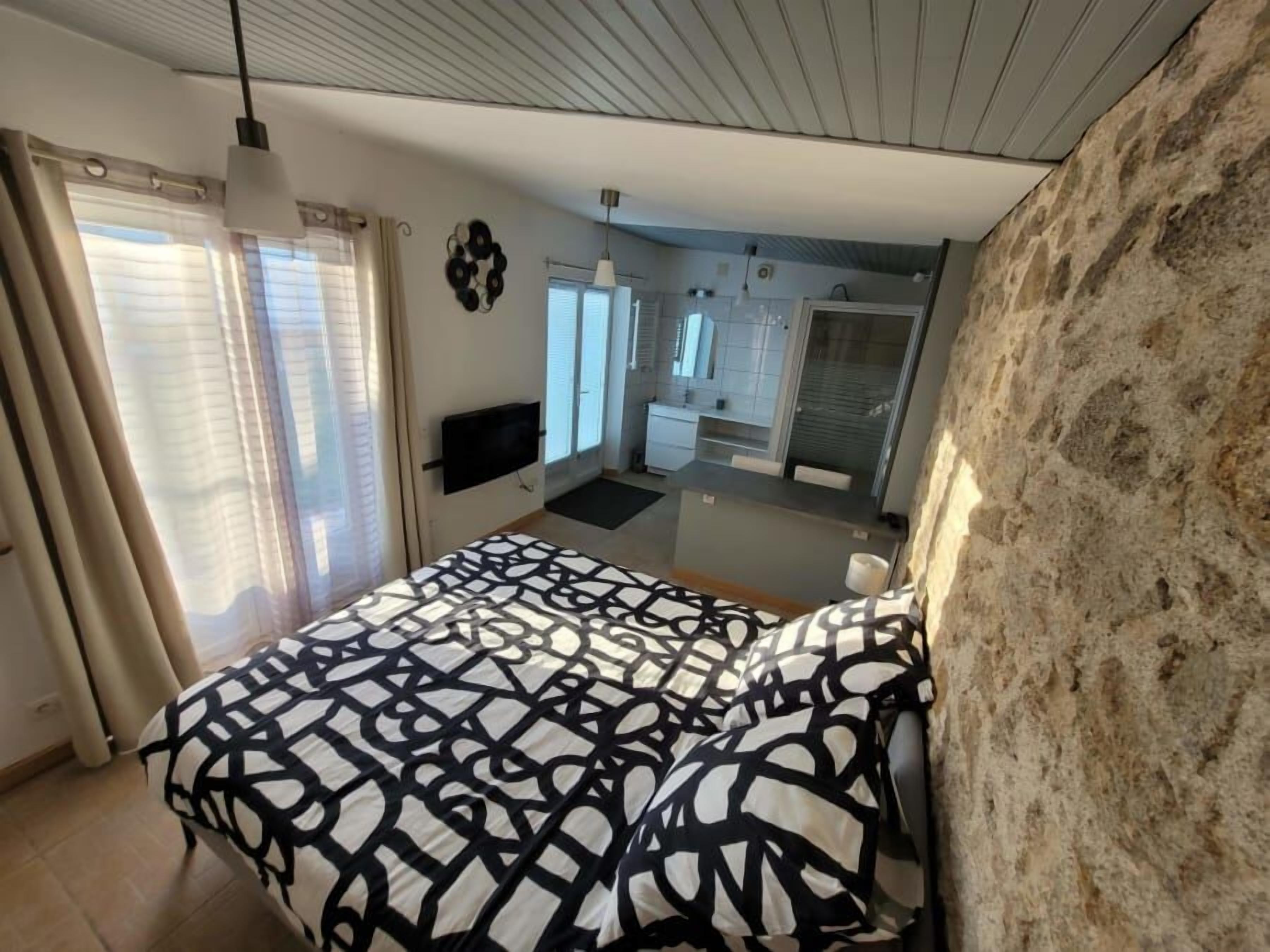 Une chambre avec un lit, une télévision, une salle de bain et un mur en pierre.