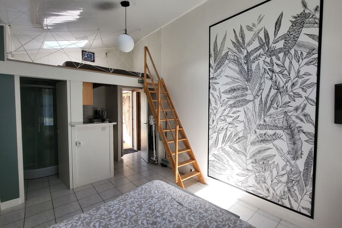 A modern interior with a loft bedroom, a kitchen, and a large botanical print on the wall.