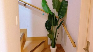 A staircase with a wooden handrail and a potted plant with large green leaves. - Xiao Ban Yaju (Osaka)