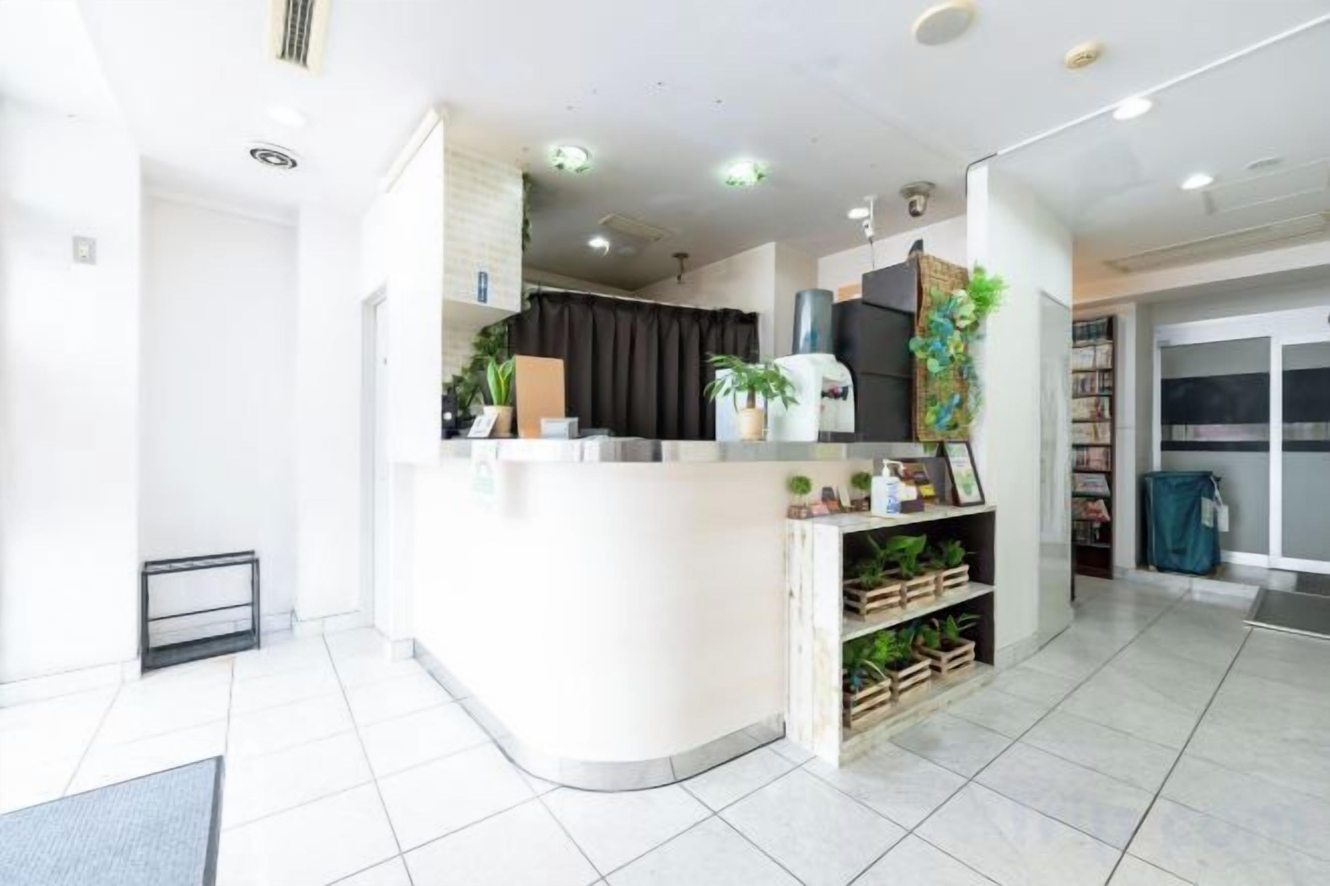 A reception area with a counter, plants, and a view of the outside.