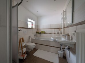 Hair dryer, towels, soap, toilet paper