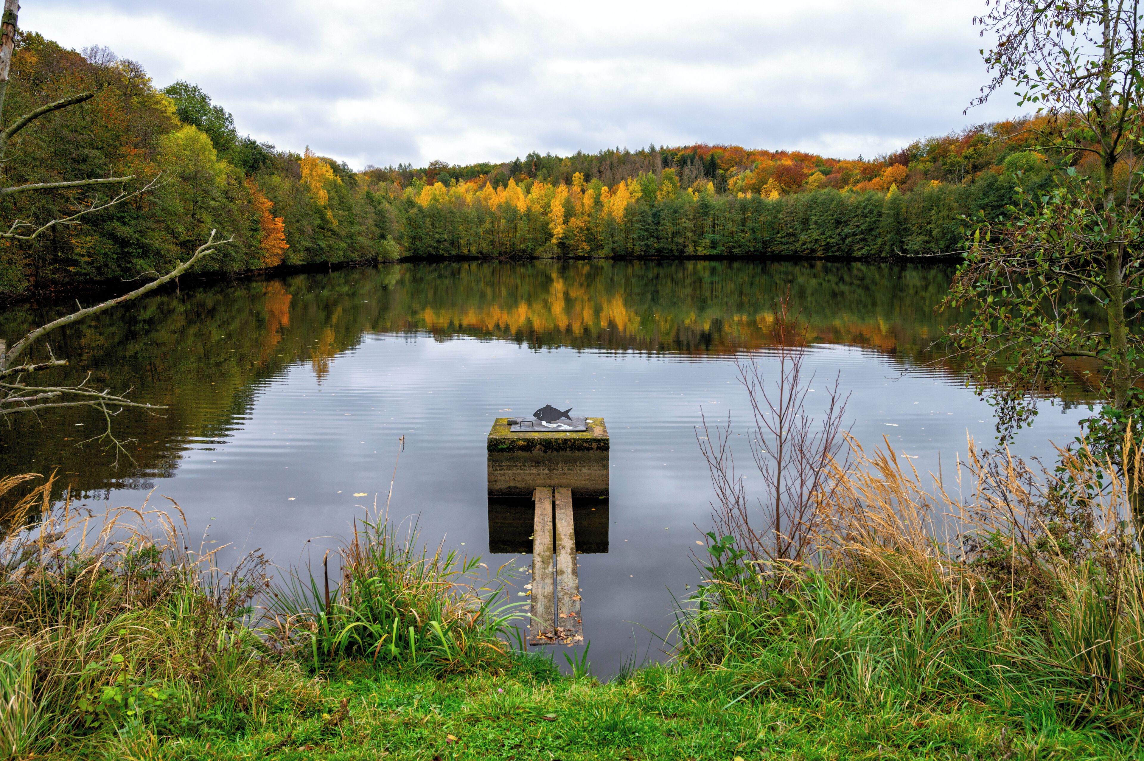 A calm lake with a dock extending into the water, surrounded by autumn-colored trees.