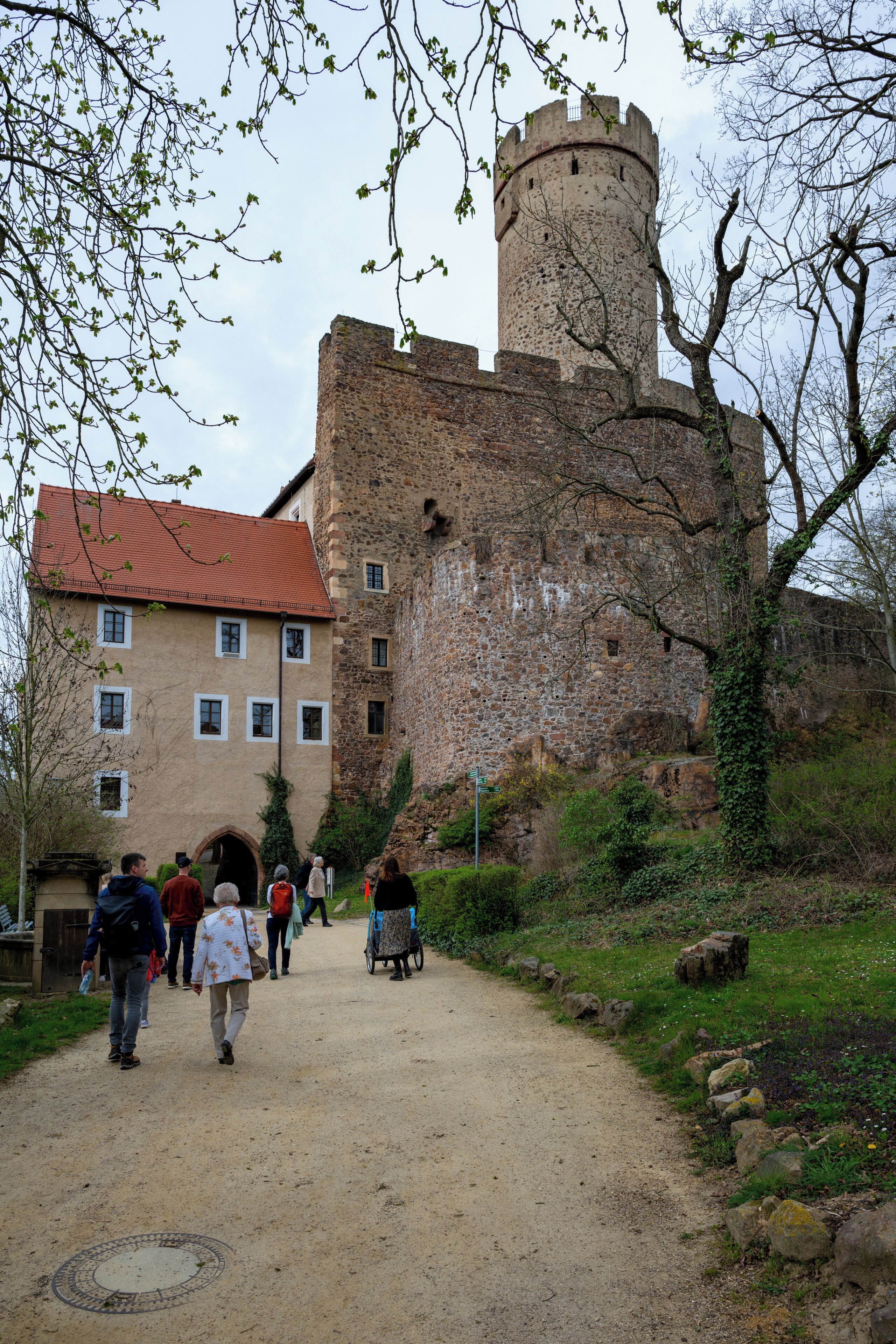 A historic stone castle with a red-tiled roof, a central tower, and a paved pathway leading to it.