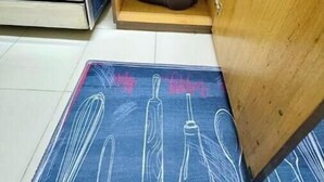 Una cocina con un mueble de madera que contiene una aspiradora y una bolsa negra.