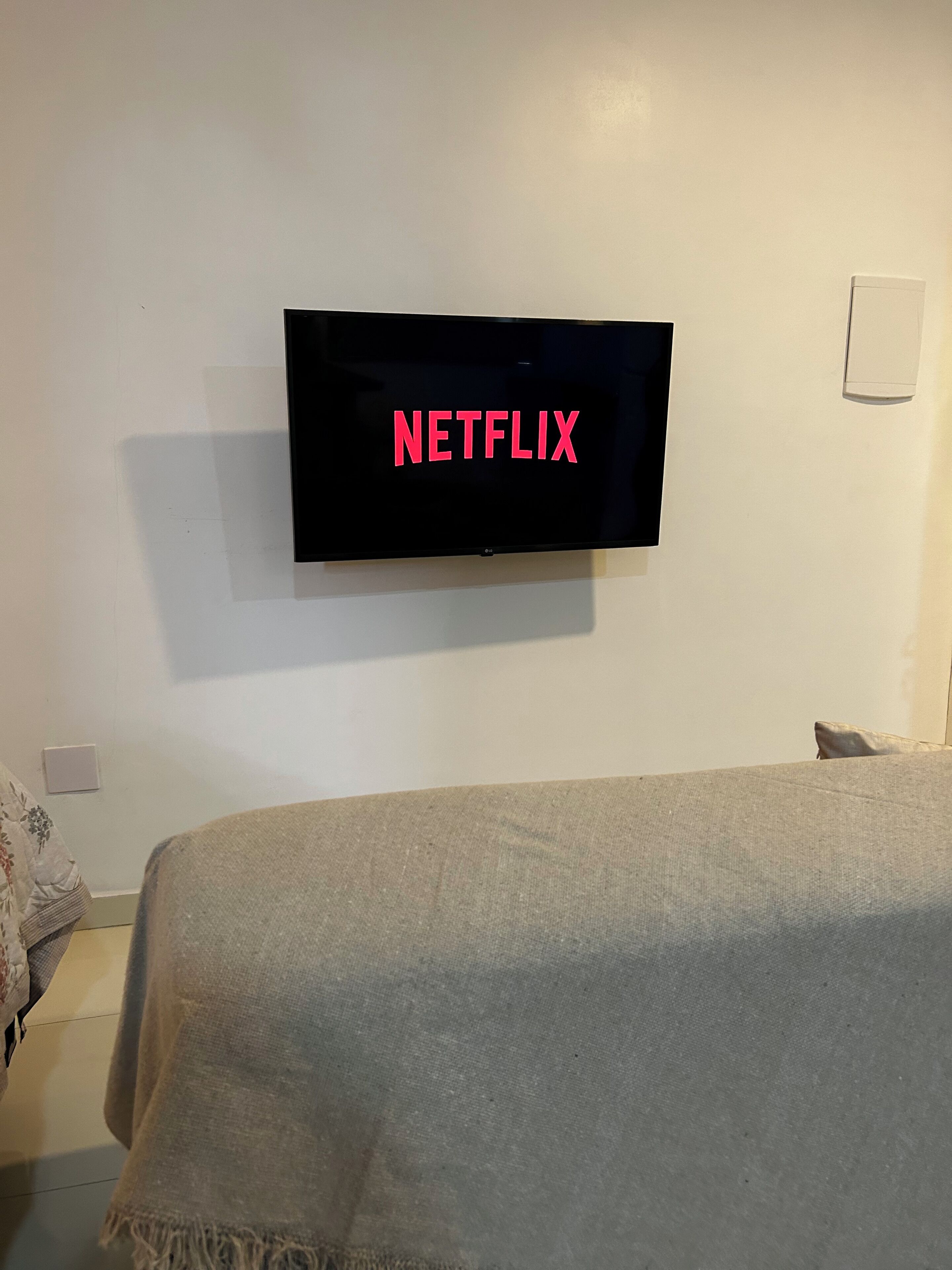A flat-screen TV mounted on a wall with the word 'NETFLIX' displayed on the screen.