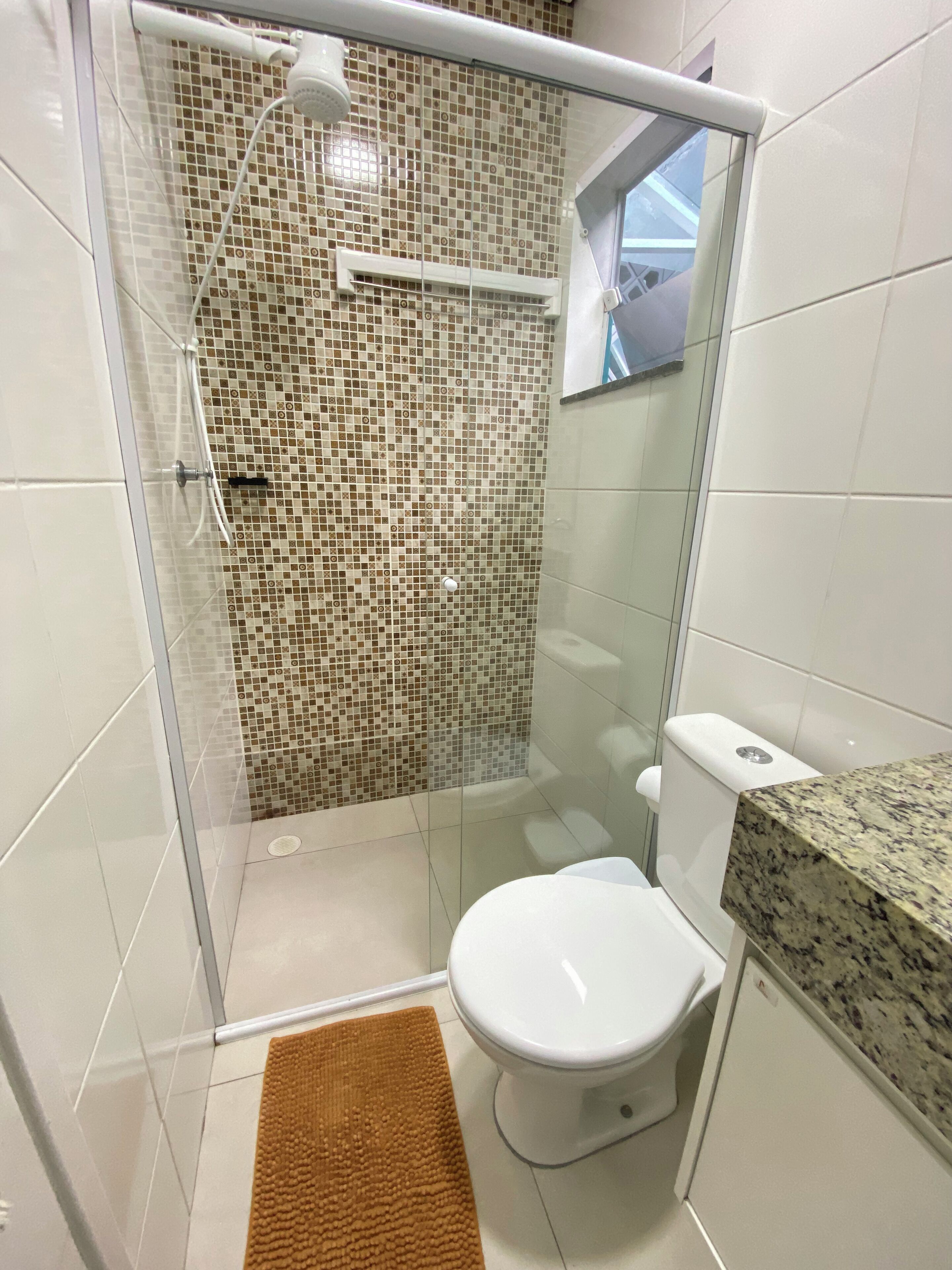 A bathroom with a glass-enclosed shower, a toilet, and a granite countertop.