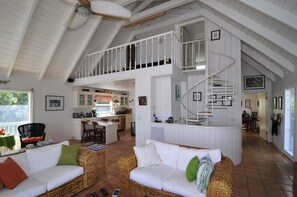 Smart TV, fireplace, books, stereo