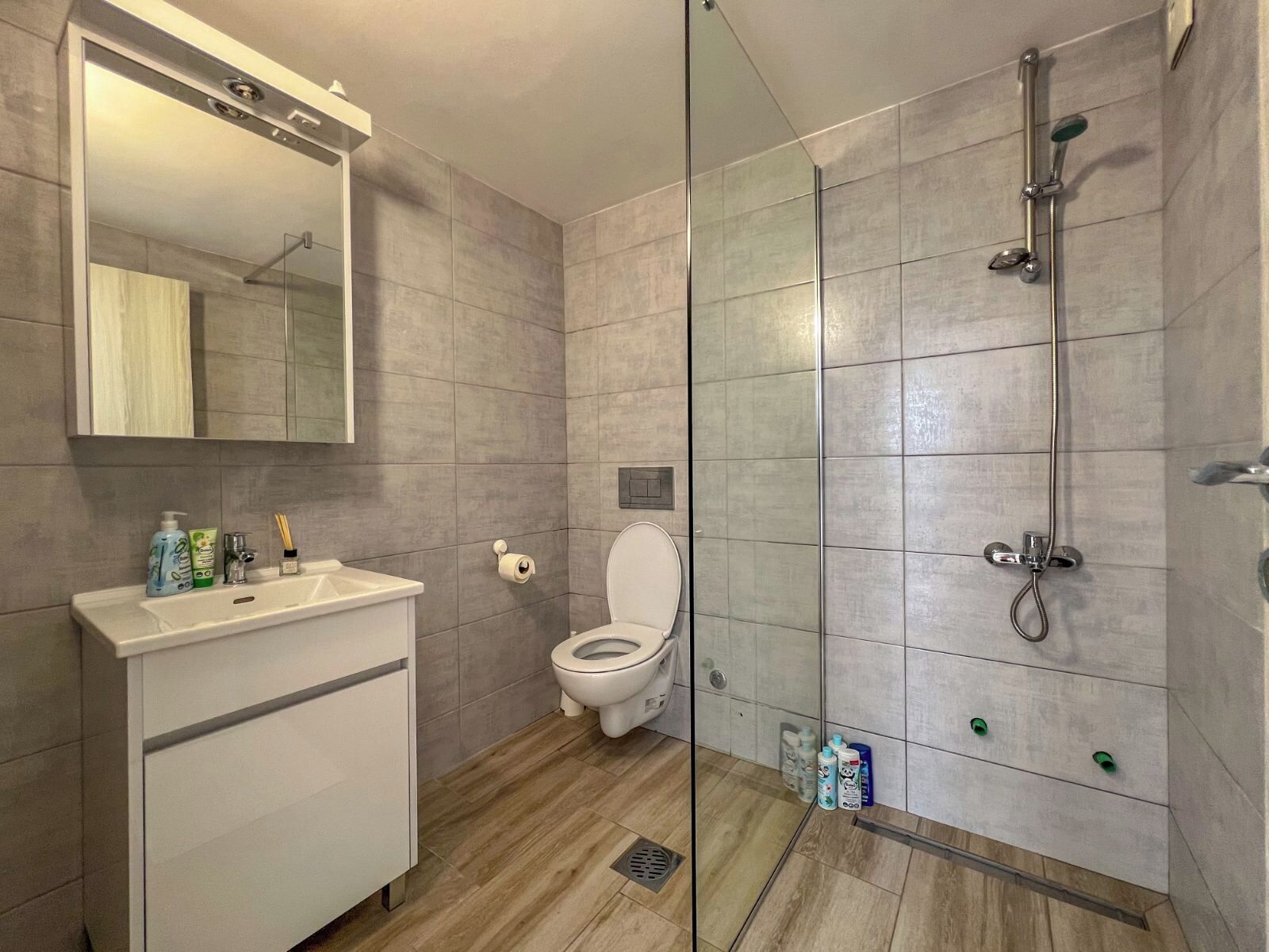 Hair dryer, towels, soap, toilet paper