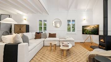 TV connectée, cheminée, livres