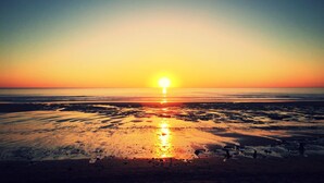 A beach at sunset with the sun low on the horizon, reflecting on the wet sand. - A nugget with a 180° view of the ocean and its splendid sunsets. (Lacanau)