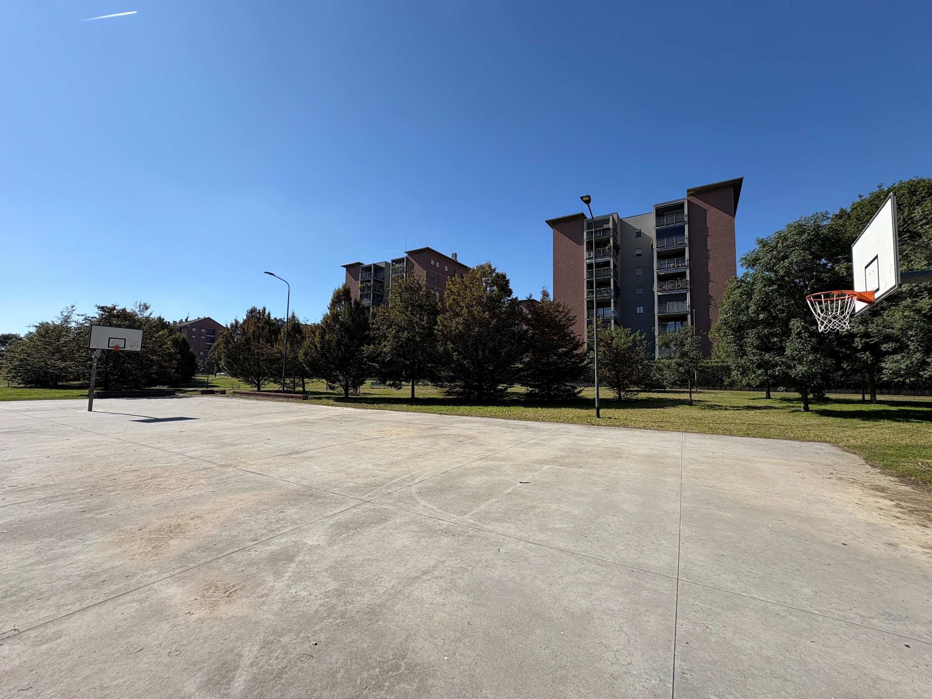 Ein Basketballplatz im Freien mit Korb, umgeben von Bäumen und einem Gebäude im Hintergrund.