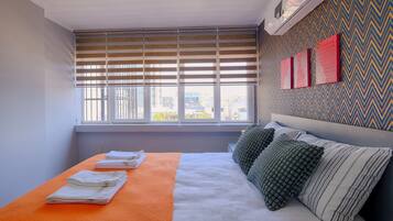 Desk, laptop workspace, blackout curtains, soundproofing