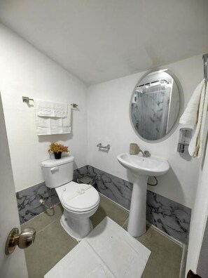 Comfort Double Room | Bathroom | Shower, towels, soap, shampoo