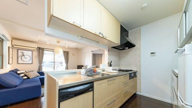 A modern kitchen with a dishwasher, a sink, and a stove. There is a blue sofa and a window with curtains. - Iris Tokyo ２ (Tokyo)