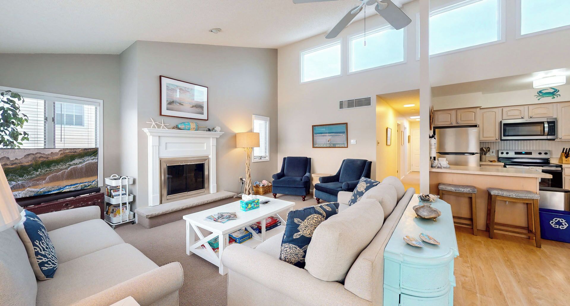 Smart TV, fireplace, books