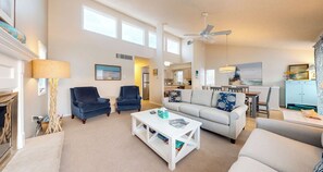 Smart TV, fireplace, books