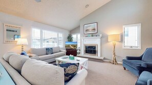 Smart TV, fireplace, books