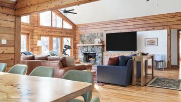 Smart TV, fireplace, books, music library