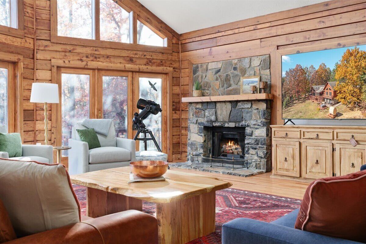 Smart TV, fireplace, books, music library