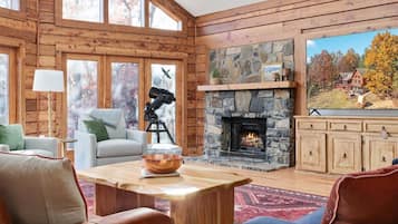 Smart TV, fireplace, books, music library