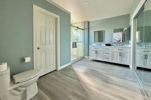 A bathroom with a toilet, a shower, and a vanity with a mirror.