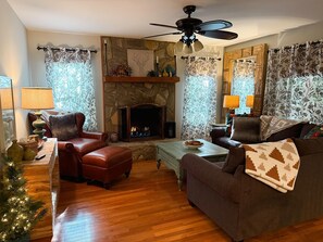 Smart TV, fireplace, video games, DVD player