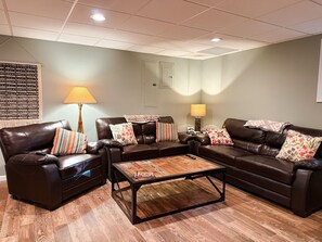 Smart TV, fireplace, video games, DVD player